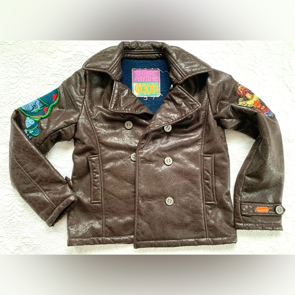 Custo Barcelona Faux leather Biker Jacket Brown size 12 unisex - Picture 1 of 7